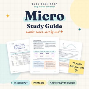 Peut inclure: Un guide d'étude de microbiologie avec le texte Busy Exam Prep, study smarter. pass faster. Micro Study Guide, master micro, unit by unit. Trois pages de contenu éducatif sont affichées, incluant un schéma cellulaire, du texte et un post-it jaune indiquant 95 pages 200 practice Qs. Les boutons en bas indiquent Instant PDF, Printable, et Answer Key Included.
