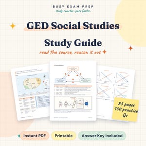 Pode incluir: Um guia de estudo GED Social Studies com o texto Busy Exam Prep, study smarter, pass faster, GED Social Studies Study Guide, read the source, reason it out e 85 pages 150 practice Qs. Inclui páginas com diagramas, gráficos e texto.