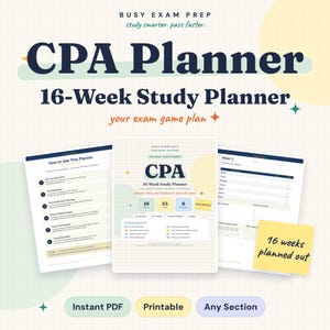 Könnte beinhalten: Ein 16-wöchiger CPA-Lernplaner mit kariertem Hintergrund, bestehend aus einem Deckblatt, einer Anleitung und einer Wochenplanseite. Der Text enthält Busy Exam Prep, CPA Planner, 16-Week Study Planner, your exam game plan und 16 weeks planned out.