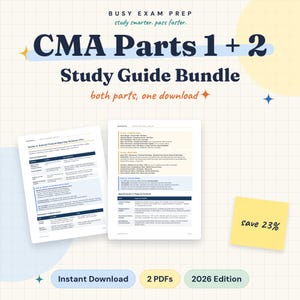 May include: A digital study guide bundle for CMA Parts 1 and 2, featuring two PDF documents with financial reporting and analysis content. The graphic includes the text Busy Exam Prep, Study Guide Bundle, both parts, one download, save 23%, Instant Download, 2 PDFs, and 2026 Edition.