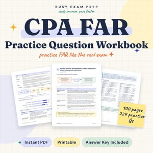 Puede incluir: Un libro de ejercicios CPA FAR que muestra tres páginas con contenido educativo sobre marcos contables y ratios. Una nota adhesiva amarilla en la página derecha indica 100 pages y 224 practice Qs. El texto de la portada dice BUSY EXAM PREP.
