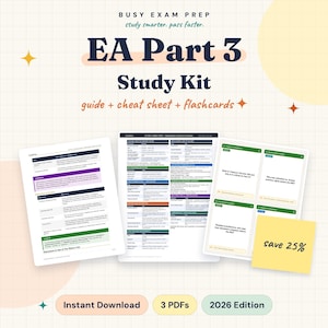 Peut inclure: Un kit d'étude numérique pour l'EA Part 3, comprenant un guide, une fiche mémo et des cartes mémoire. Les documents contiennent du texte sur les pratiques fiscales. Un post-it jaune affiche le texte save 25%. Édition 2026 incluse.