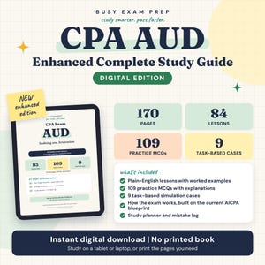 May include: A digital CPA AUD study guide featuring the text Busy Exam Prep, CPA AUD Enhanced Complete Study Guide, Digital Edition, 170 pages, 84 lessons, 109 practice MCQs, 9 task-based cases, and an instant digital download notice.