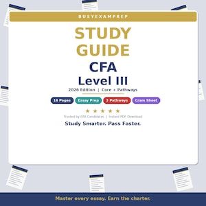 Puede incluir: Una guía de estudio blanca titulada "STUDY GUIDE CFA Level III 2026 Edition" con el texto "Study Smarter. Pass Faster." La guía incluye 16 páginas, preparación de ensayos y 3 vías. El fondo es blanco con detalles dorados y azules.