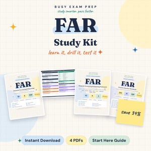Könnte beinhalten: Ein digitales FAR-Lernpaket mit vier PDF-Dokumenten, darunter ein Studienführer, Lernkarten und ein Übungsbuch. Die Materialien zeigen den Text Busy Exam Prep, study smarter, pass faster und learn it, drill it, test it.