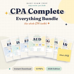 Könnte beinhalten: Ein digitales Lernpaket mit dem Titel CPA Complete Everything Bundle, das mehrere Dokumentencover mit den Bezeichnungen AUD, FAR, REG und IS enthält. Das Design umfasst einen Rasterhintergrund, Pastellakzente und einen gelben Haftnotizzettel mit dem Text save 64%.