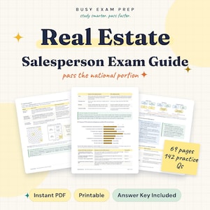 Könnte beinhalten: Ein Immobilienmakler-Prüfungsleitfaden von Busy Exam Prep mit Lernmaterialien, Diagrammen und Schaubildern. Der Leitfaden umfasst 69 Seiten und 142 Übungsfragen, inklusive Antwortschlüssel. Das Dokument ist als sofortiger PDF-Download erhältlich.
