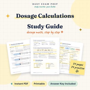Peut inclure: Un guide d'étude sur les calculs de dosage avec le texte Busy Exam Prep, study smarter, pass faster, dosage math, step by step, et 31 pages 74 practice Qs. Le document inclut des sections sur les injectables, seringues et titrages.