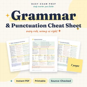 Op de afbeelding: Een digitaal spiekbriefje voor grammatica en interpunctie genaamd Busy Exam Prep met zeven pagina's studiemateriaal. Het document bevat secties over onderwerp-werkwoord overeenstemming, zinsbouw en interpunctie, met een gele notitie met 7 pages.