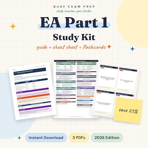 May include: A 2026 EA Part 1 Study Kit featuring a guide, cheat sheet, and flashcards. The documents contain tax information with text including Busy Exam Prep, study smarter, pass faster, and a yellow sticky note that says save 25%.
