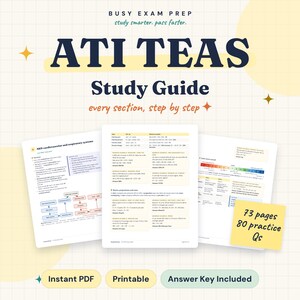Op de afbeelding: Een ATI TEAS studiegids met de tekst Busy Exam Prep, study smarter, pass faster, every section, step by step, 73 pages, 80 practice Qs, Instant PDF, Printable en Answer Key Included. De gids bevat pagina's met wiskundige en wetenschappelijke inhoud.