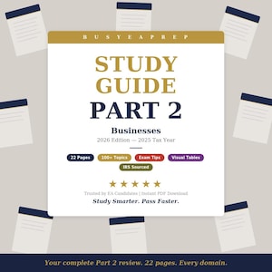 Op de afbeelding: Een wit en goud studieboek getiteld "STUDY GUIDE PART 2" voor Bedrijven, 2026 Editie. De gids bevat "22 Pagina's", "100+ Onderwerpen", "Examentips" en "Visuele Tabellen". De tekst "Slimmer studeren. Slaag sneller." is ook opgenomen.