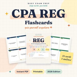 May include: CPA REG Taxation & Regulation flashcards, 2026 edition, featuring 72 cards across 5 sections. The printable PDF set includes color-coded study materials with questions on one side and answers on the back, presented on a grid background.