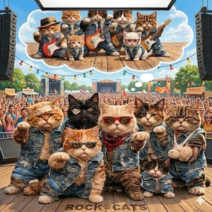 Puede incluir: Ilustración de gatos vestidos con chaquetas vaqueras y gafas de sol, posando en un escenario con una multitud de fondo. La imagen incluye el texto "ROCK CATS" en la parte inferior. Una burbuja de pensamiento muestra gatos tocando la guitarra.