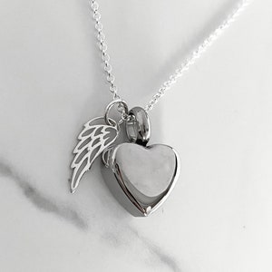 Petite Silver Heart Cremation Urn personalized Memorial Necklace with Silver Angel Wing/in loving memory/ ashes heart necklace/