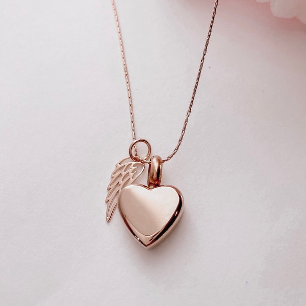 Petite Rose gold Heart Cremation Urn Memorial Necklace with Rose Gold Angel Wing/ Personalized Cremation Urn Necklace/ Engraved