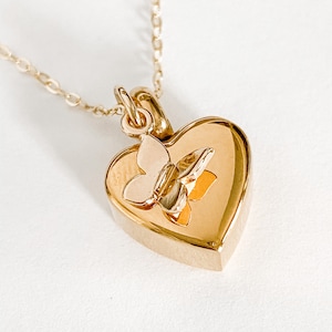 Petite Gold Heart Cremation Urn Memorial Necklace with Gold Butterfly/in loving memory/ ashes heart necklace/ memorial keepsake/ gold urn