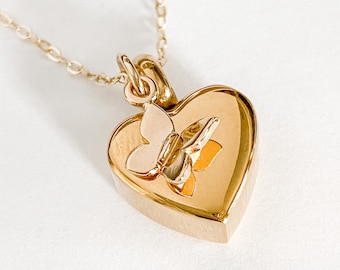 Petite Gold Heart Cremation Urn Memorial Necklace with Gold Butterfly/in loving memory/ ashes heart necklace/ memorial keepsake/ gold urn