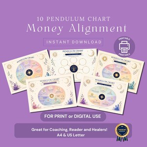 Pode incluir: Um conjunto de 10 gráficos de pêndulo para alinhamento de dinheiro, com designs circulares e ilustrações celestes e de cristais. Os gráficos são rotulados como "Pendulum Chart Money Alignment" e estão disponíveis para impressão ou digital.