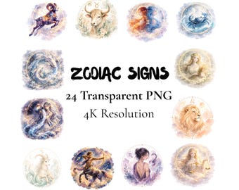 24 Zodiac Signs PNG Bundle | Dark Mystical + Watercolor | Celestial Astrology Clipart