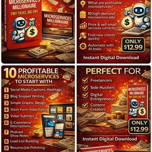 May include: A promotional image for "Microservices Millionaire," a digital product. The image features a red book, a laptop, and stacks of cash. The text highlights topics like social media captions, video editing, and e-commerce descriptions. A robot character holds a money bag.