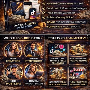 Puede incluir: Un libro titulado "TikTok & Reels Playbook" con ilustraciones de un smartphone y dinero. La portada destaca estrategias de vídeo de formato corto para emprendedores de productos digitales. La imagen también incluye iconos y texto sobre ganchos de contenido y monetización.