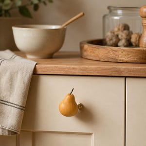 May include: A pear-shaped cabinet knob made of smooth, light-brown wood with a dark brown stem. The knob is attached to a brass-colored metal base and is mounted on a flat, cream-colored cabinet door panel with a recessed rectangular border.