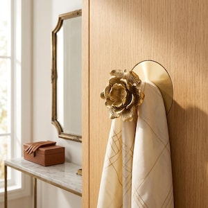 Gold Rose Wall Hook 55mm, Brass Floral Cabinet Knob, Heavy Duty Coat Hanger, Renter Friendly No Drill Entryway Decor