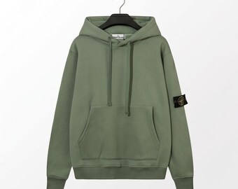 Sudadera con capucha verde oliva para hombre, estilo gorpcore, con parche de brújula, ropa técnica, streetwear, ropa casual.
