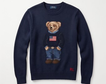 Jersey Polo Bear azul marino. Un jersey de punto de estilo académico con una estética americana vintage, inspirado en RL, con cuello redondo.