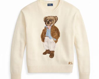 Beige Polo Bear Sweater — Collegiate-Style Knitted Pullover, Inspired by RL, Crewneck Knitwear