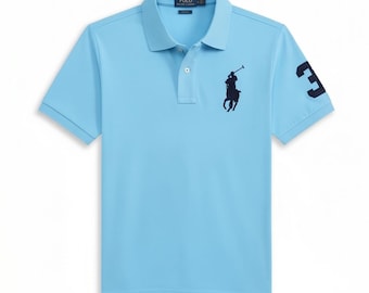 Ralph Lauren Embroidered Polo Shirt – Light Blue, Big Pony, Number 3 Sleeve