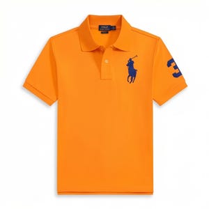 May include: Orange polo shirt with a navy blue logo of a polo player on the chest and the number 3 on the sleeve. The shirt has a collared neckline and short sleeves.