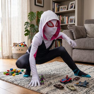 May include: A child wearing a Spider-Gwen costume, with a white hooded mask and red eye details, and a black and white suit with pink accents. The child is crouching on a patterned rug, with toy cars and building blocks scattered around.