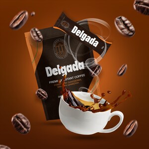 May include: A promotional image featuring a white coffee cup with coffee splashing out, surrounded by coffee beans. A packet and a bag of "Delgada" coffee are in the background. The image has a warm, brown color scheme.
