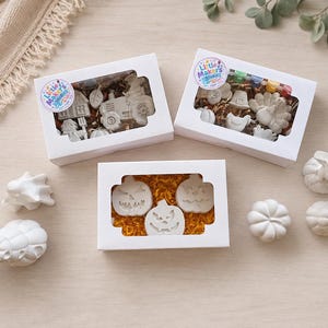 May include: Three white rectangular boxes with clear windows containing unpainted plaster figures. Two boxes hold farm and harvest-themed shapes, while the center box contains three jack-o'-lanterns. Loose plaster figures are arranged around the boxes.