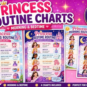 May include: A set of four Princess Routine Charts featuring morning and bedtime tasks. The charts include colourful illustrations of characters, castles, and icons for daily activities like brushing teeth and getting dressed, with text labels for each step.