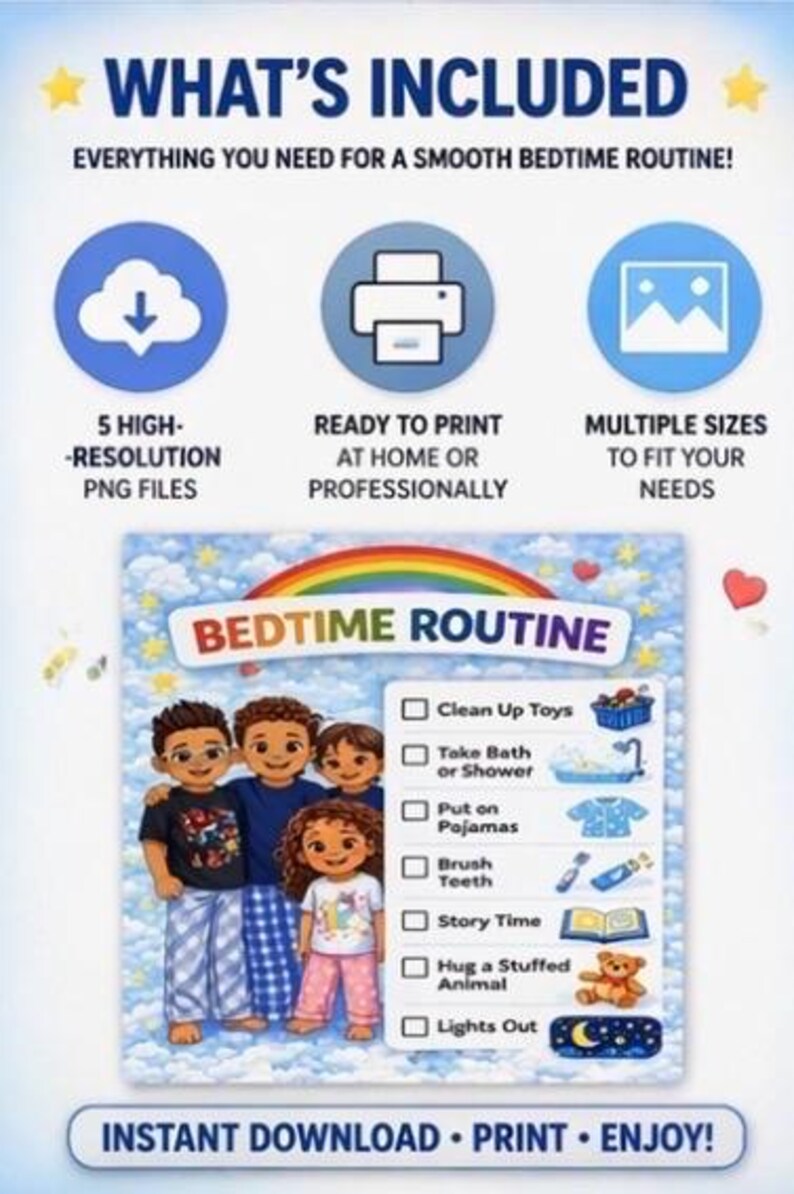 Kids Bedtime Routine Chart | Visual Schedule, Checklist (digital ...
