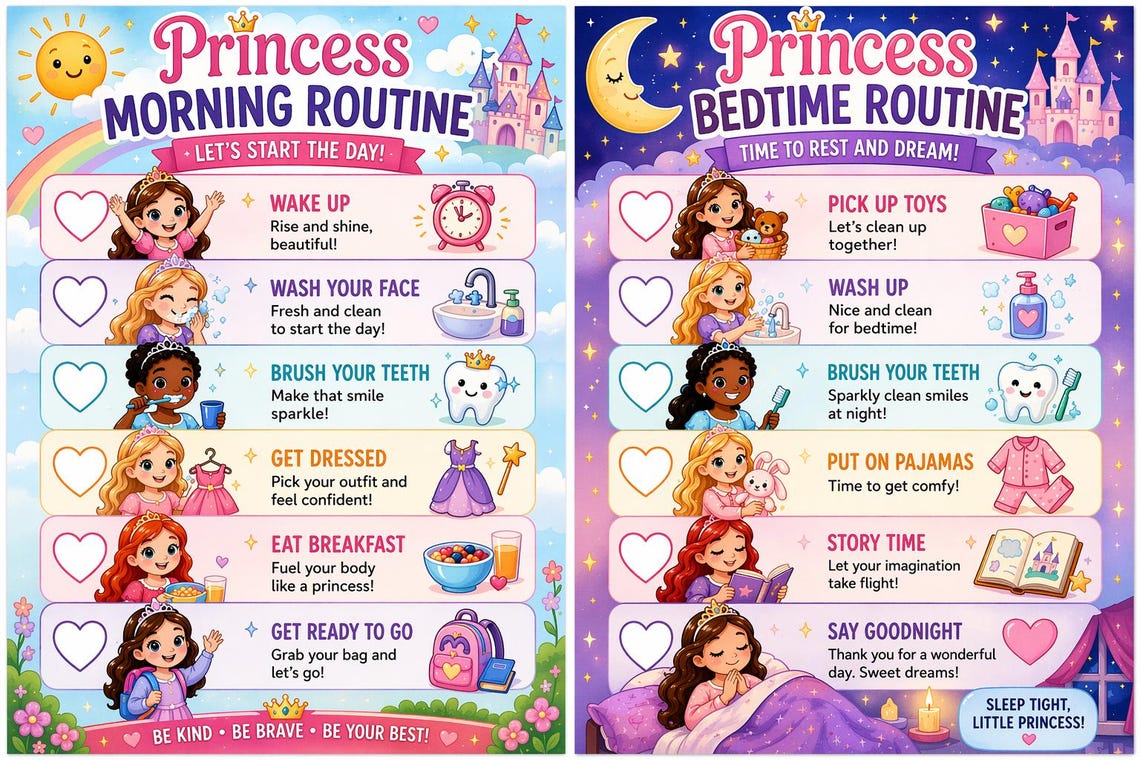 Template Princess Routine Princess Routine Chart Bundle Printable Morning and Bedtime Routine for ...