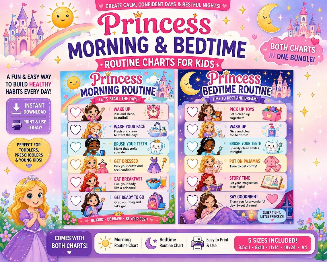Princess Routine Chart Bundle Printable Morning and Bedtime Routine for ...