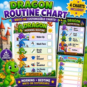 May include: A set of Dragon Routine Charts featuring colorful illustrations of dragons performing daily tasks. The charts include text for morning and bedtime routines, with blank checkboxes for tracking progress and a starburst graphic stating 4 CHARTS INCLUDED.