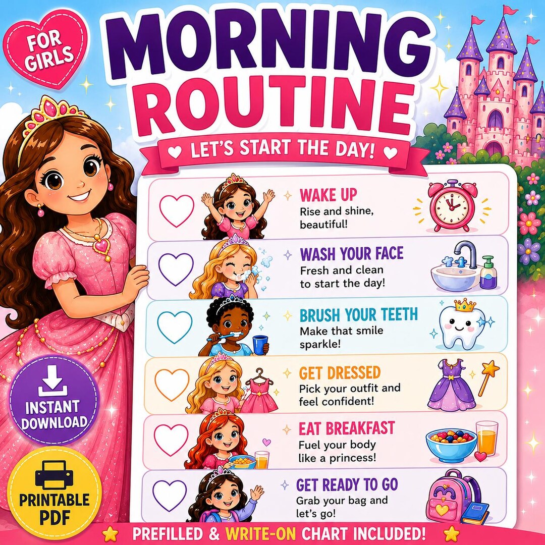 Princess Morning Routine Chart for Girls | Kids Printable Checklist - Etsy