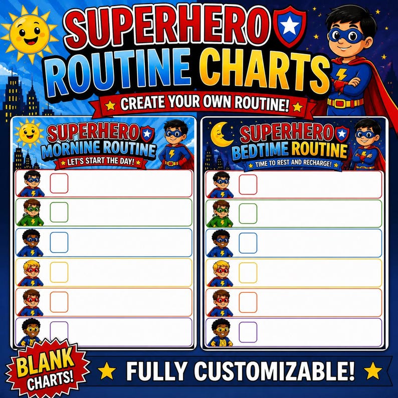 Herro Routine Superhero Routine Chart Bundle Printable Morning and Bedtime Routine ...
