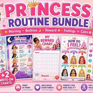 May include: A Princess Routine Bundle featuring five colorful charts including a morning routine, bedtime routine, reward chart, feelings chart, and calm down corner. The set includes illustrations of princesses, castles, and icons with text.