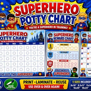 May include: Superhero potty training charts for ages 2-5. Includes a potty chart, reward chart, and goal chart. The charts are designed with superhero graphics and are available in 5 sizes, including 8x10 inches and 8.5x11 inches.