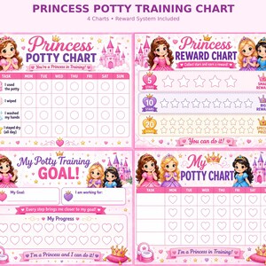May include: Four pink potty training charts with a princess theme. The charts feature illustrations of princesses, castles, and crowns. They include sections for tracking progress and rewards, with text reading "Princess Potty Chart" and "My Potty Training Goal!"