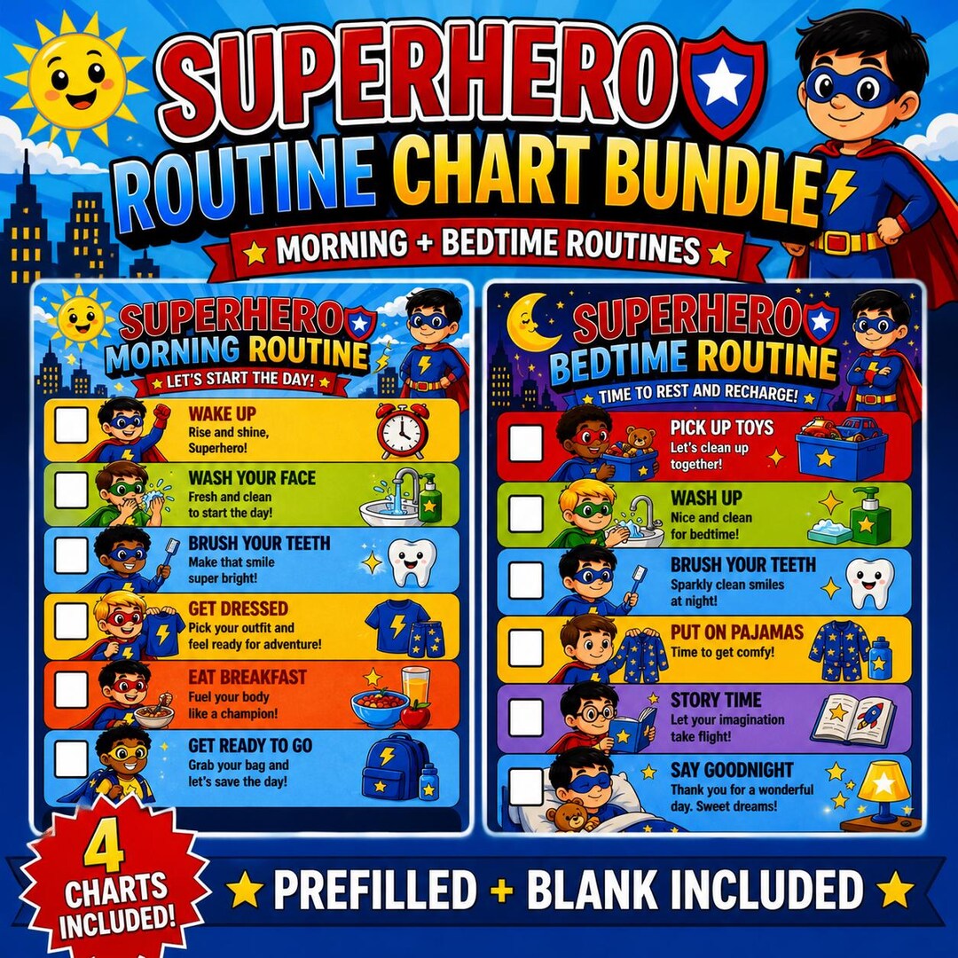 Herro Routine Superhero Routine Chart Bundle Printable Morning and Bedtime Routine ...