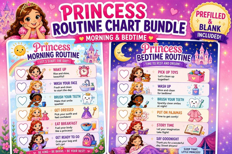 Princess Routine Chart Bundle Printable Morning and Bedtime Routine for ...