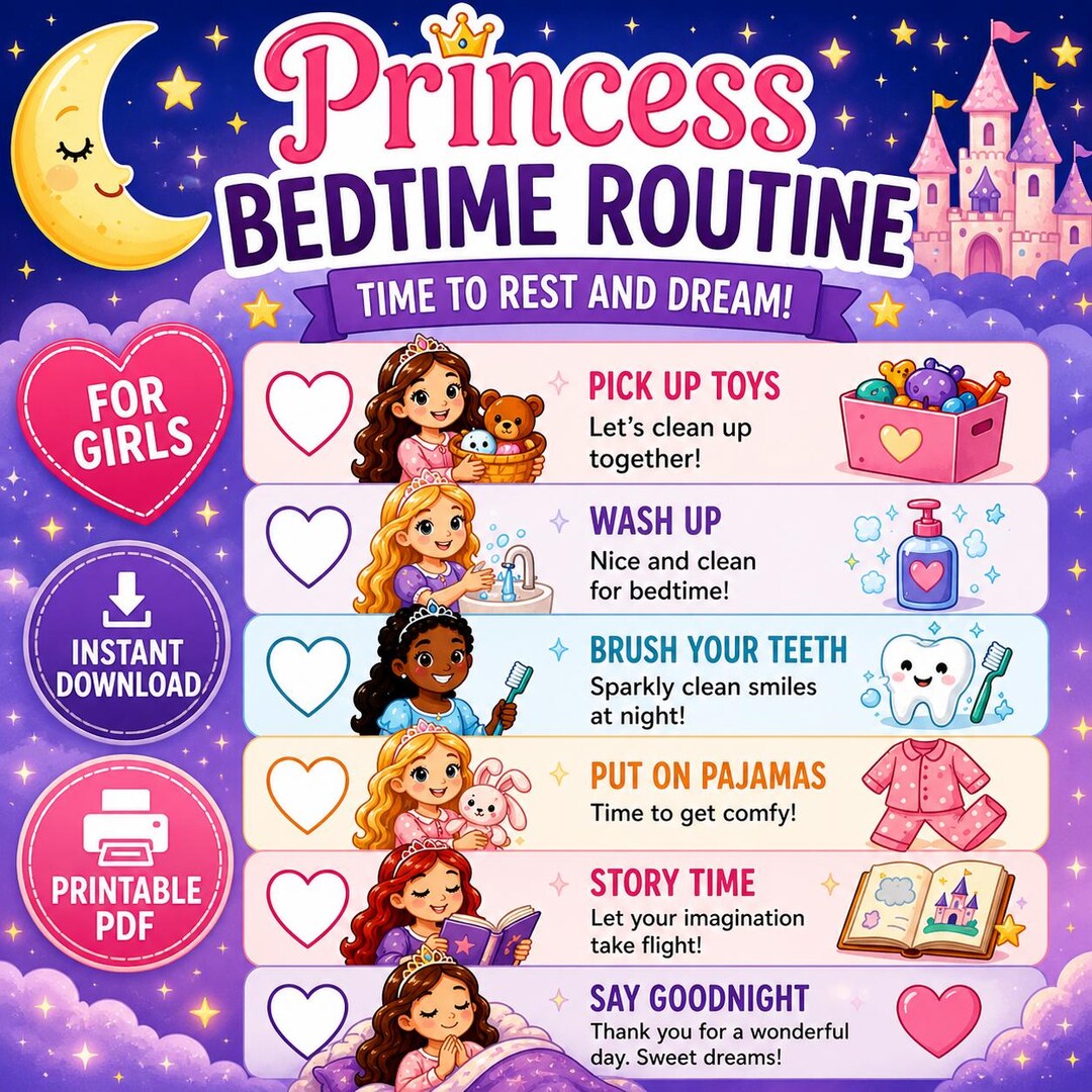 Princess Bedtime Routine Chart for Girls | Kids Printable Checklist - Etsy