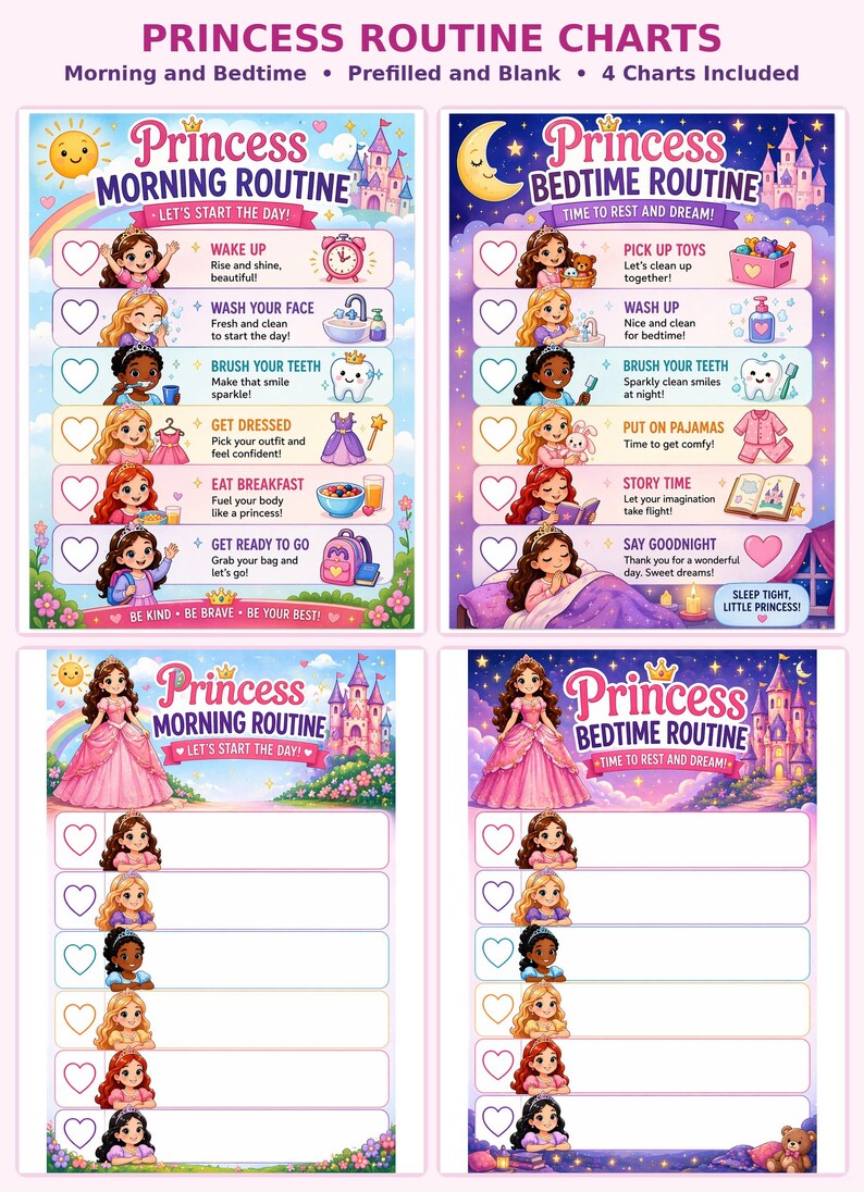 Princess Routine Chart Bundle Printable Morning and Bedtime Routine for ...